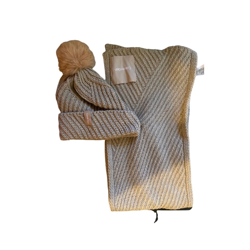 Calvin Klein Cozy Knit Beanie & Scarf Set in Taupe